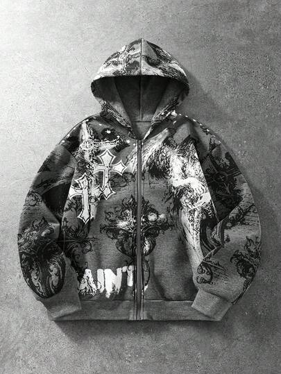 Street Life Sudadera casual con cremallera y manga larga con estampado de cruz para adolescentes