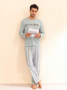 Manfinity Underwear&Sleepwear Basics 男士字母印花長袖上衣與長褲休閒居家服套裝 - 薄荷綠 - 查看 7