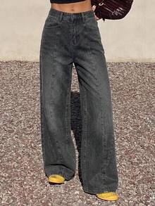 DAZY High Waist Wide Leg Jeans - Dark Grey - View 2