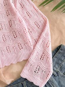 SHEIN 女童純色針織休閒開襟衫 - 粉色 - 查看 5