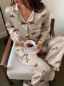SHEIN 仿絲蝴蝶結條紋女款睡衣套裝 - 棕色 - 查看 3