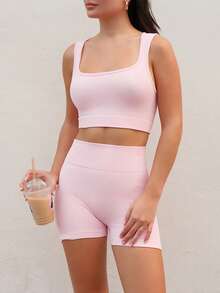 Nelanie Turli Women Solid Color Ribbed Yoga Tank Top And Shorts Set Workout Women Sets Sports Pink - Pink - View 4