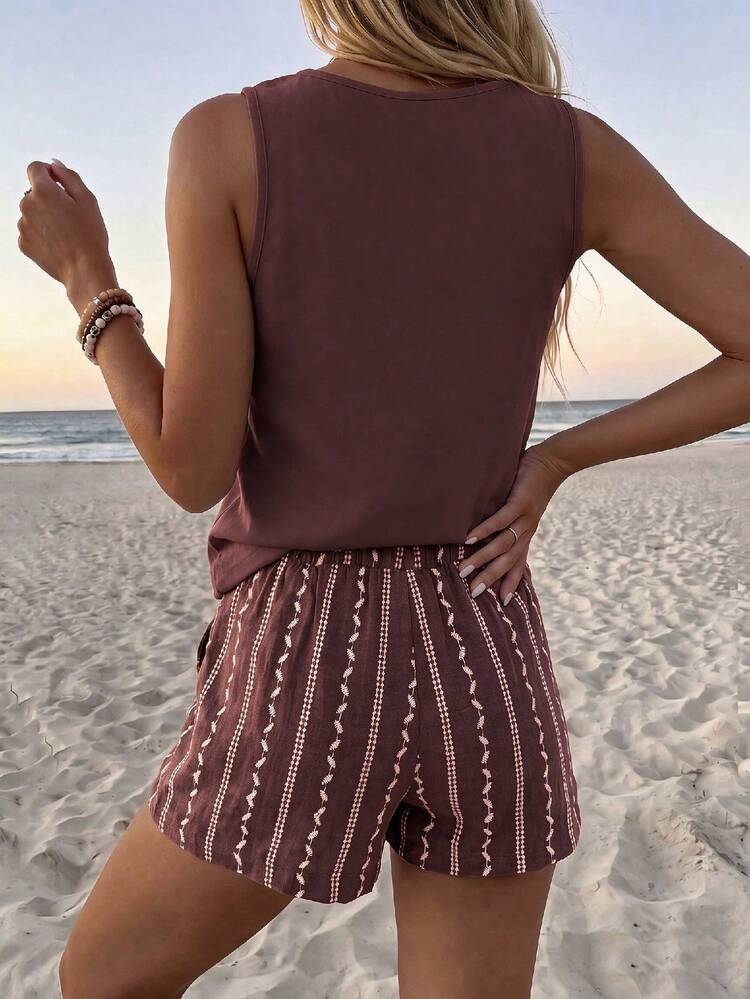 SHEIN LUNE Casual Women's Round Neck Tank Top And Shorts 2 Pieces Set, Suitable For Summer - Multicolor - View 2