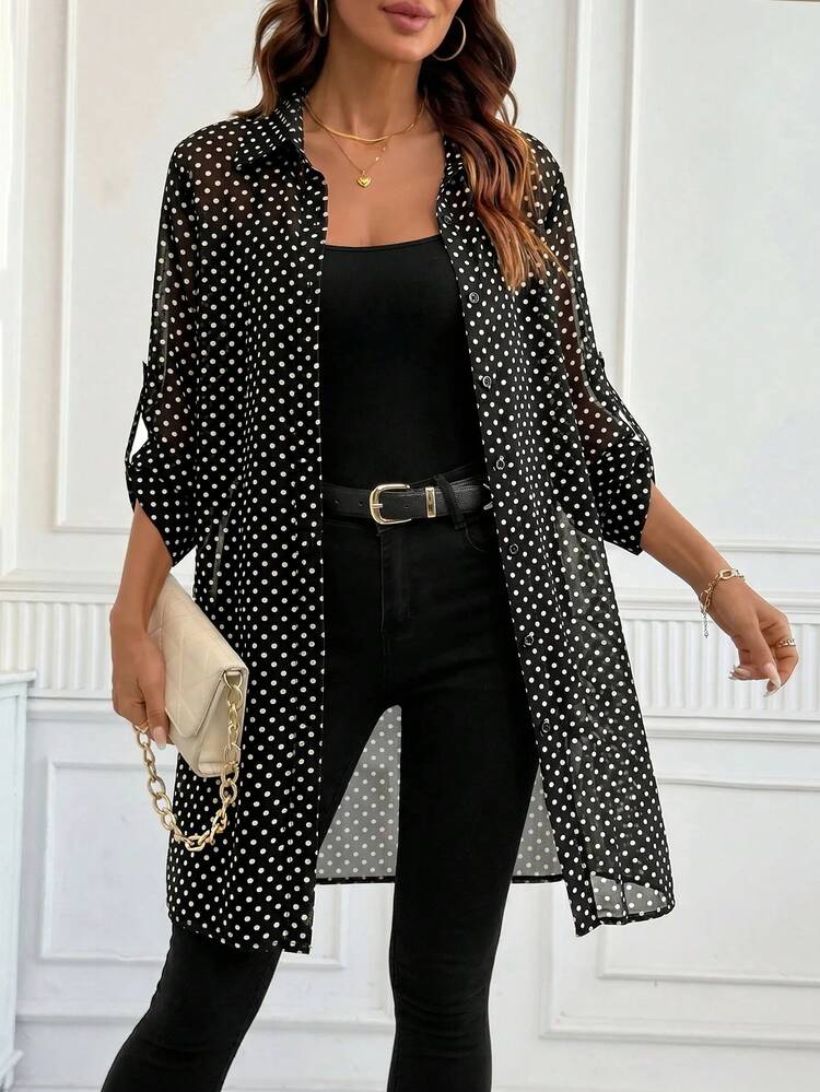 SHEIN Clasi Women's French Fashion Black And White Polka Dot Polka Dot Print Single-Breasted Semi-Sheer Blouse Office Summer Elegant Casual - Black and White - View 1