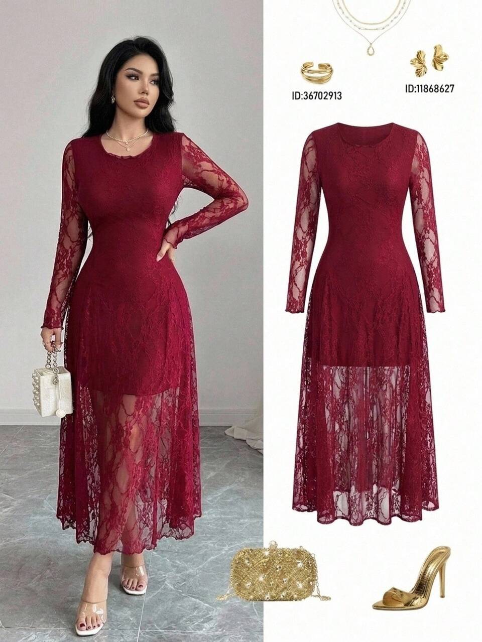 Autumn Sheer Lace Patchwork Elegant Dress, Early Autumn New Slimming Fitted Midi Dress For Women