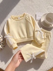 SHEIN 2 pièces Ensemble sweat-shirt à nœud tricoté et leggings de couleur unie pour bébé fille - Jaune citron - Voir 1