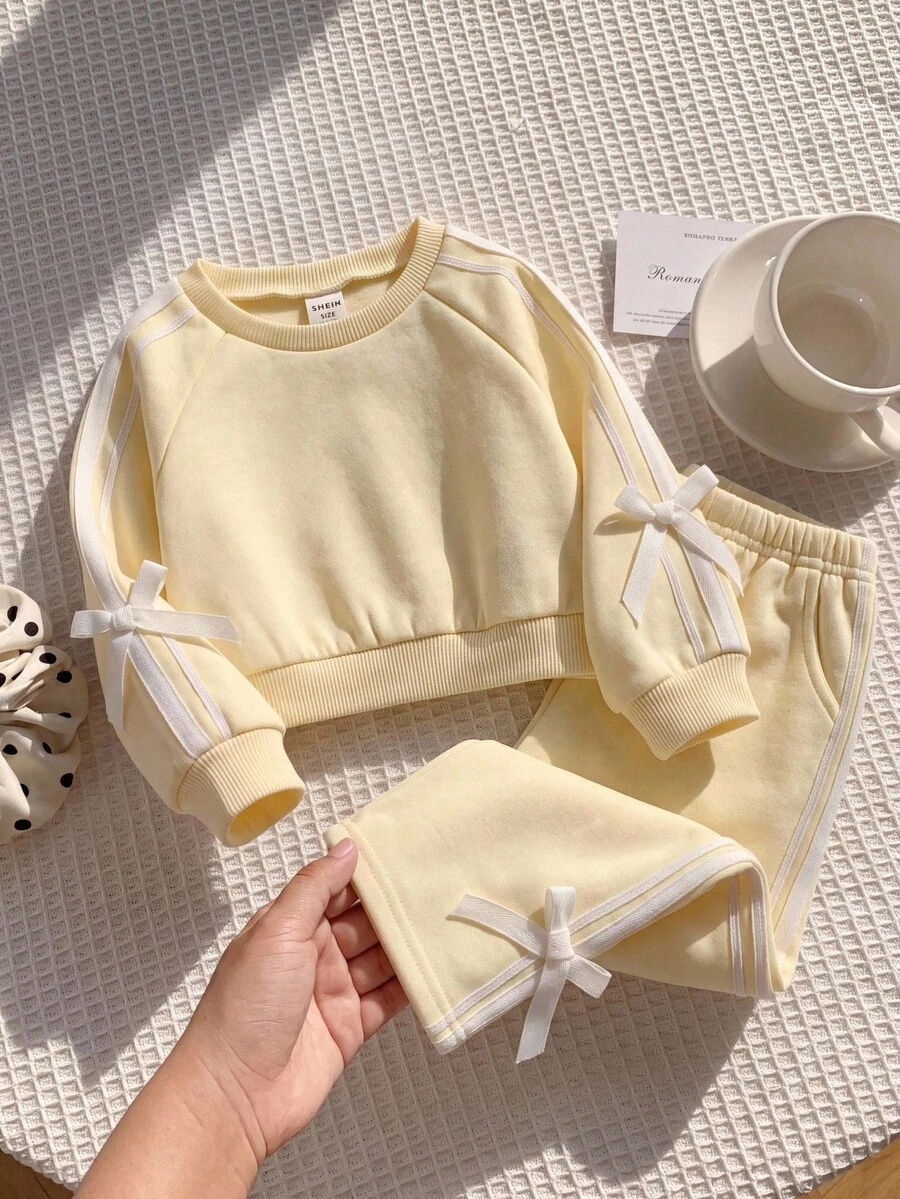 SHEIN 2 pièces Ensemble sweat-shirt à nœud tricoté et leggings de couleur unie pour bébé fille - Jaune citron - Voir 1
