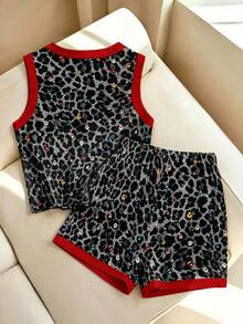 Franclia Setelan 2 Potong Motif Leopard Berlian untuk Wanita, Atasan Leopard Leher Bulat dan Celana Pendek Pinggang Tinggi untuk Liburan Kasual Musim Panas, Setelan Pakaian Minimalis Model A-Line - MultiWarna - View 2