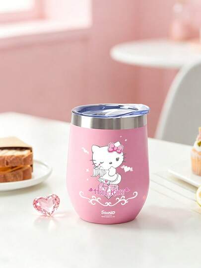 HELLO KITTY AND FRIENDS | SHEIN 1PCHello Kitty Wine Tumbler Cup, Pink Angel Kitty Double Wall Stainless Steel Insulated Mug With Clear Lid, Leakproof Reusable Thermal Travel Cup For Coffee Wine Juice, Heat & Cold Retention, Cute Gift For Sanrio Fans Daily Home Office Use