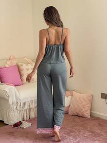 SweetSlumber Women's Sweet INS Contrast Color Lace Patchwork Comfortable Slimming Knit Pink Pajama Set - Grey - View 4