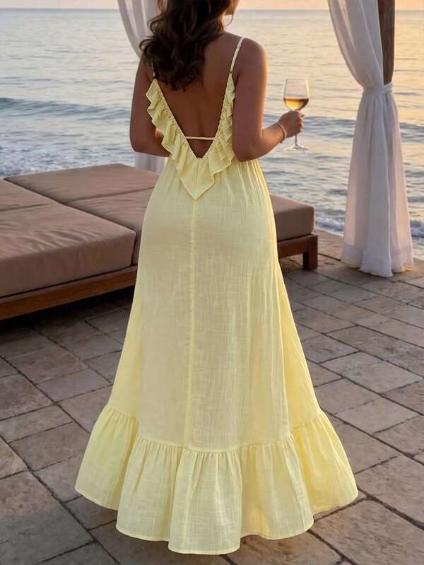 Weeklong Vestido elegante de primavera/verano para mujer, amarillo, con tirantes finos, espalda descubierta, volantes y corte A, para vacaciones, playa, citas y fiestas