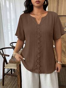 Weeklong Blusa holgada de manga corta con volantes y parches florales para mujer talla grande, primavera/verano - Marrón - Ver 6