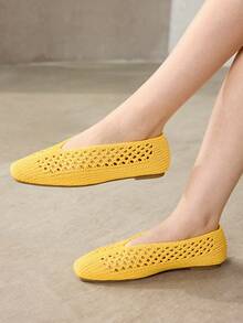 MOTF WOMEN LIGHT YELLOW HOLLOW OUT SQUARE TOE FLATS SPRING SHOES - Light yellow - View 5