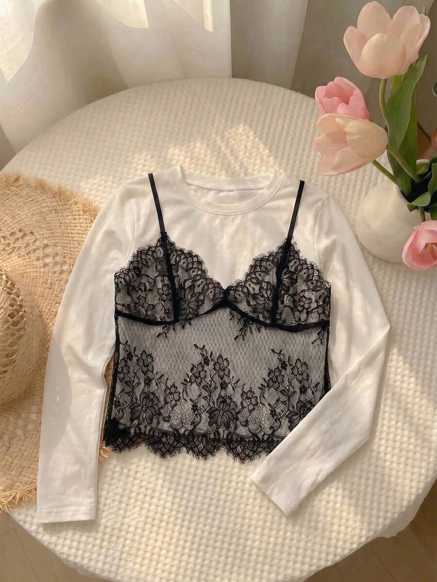 SHEIN MOD Women's Long Sleeve White 2 In 1 Lace Patchwork Crew Neck Cropped T-Shirt Date Everyday Autumn French Elegant.Halloween.Back To School. - Black and White - View 1