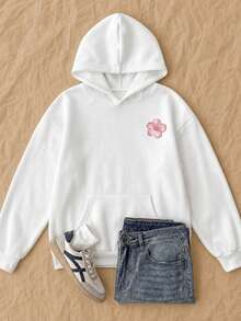 青少年女孩灰色休閒連帽衛衣，附口袋，多色長袖套頭衫，秋冬女款 - 白色 - 查看 2