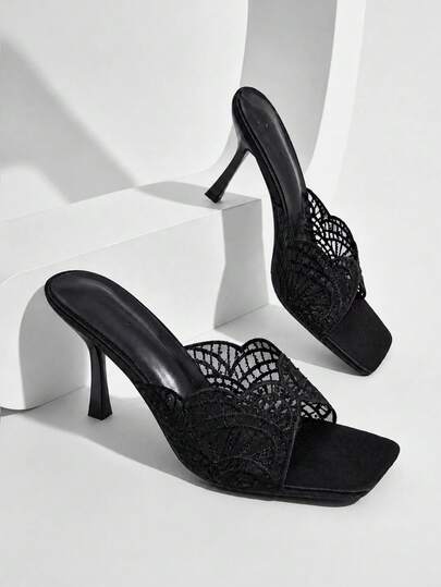 CUCCOO SZL Black Lace Hot Diamond Square Toe Stiletto Sandals, Women's Gentle Style Open-Toed High Heels