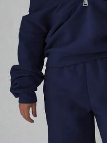 Maweii Women's Plus Size Zipper Half Placket Sweatshirt And Sweatpants Set Fall - Navy Blue - View 6