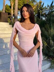 Firerie Women's Elegant Tropical Date Cocktail Casual Vacation Beach Afternoon Tea Light Pink Mesh Off-Shoulder Draped Ruffle Trim Tie-Waist A-Line Dress Summer,Graduation Dress,Wedding Guests - Pink - View 5