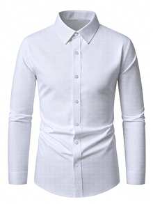 Manfinity CasualCool Men's Solid-Color Simple Button-Down Long-Sleeve Shirt - Effortlessly Elegant Style | A Perfect Gift For Husbands, Ideal For Office Commuting, And An Essential Wardrobe Staple - White - View 5