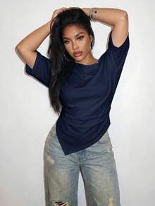 Slaydiva Spring/Summer Women's Plus Size Asymmetric Shoulder Ruched Hem T-Shirt, Graduation Season Beach - Navy Blue - View 4