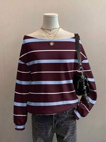 Attitoon Sudadera de mujer con bloques de color y rayas, hombros descubiertos - Multicolor - Ver 3
