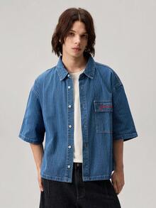 Vaulklash Men's Casual Street Style Striped Embroidered Blue Denim Short Sleeve Shirt - Medium Wash - View 5