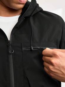 Driftmere Men's Hooded Drawstring Soft Shell Windbreaker Jacket, Sports & Casual, Front Large Pocket, Zipper Side Pockets, Suitable For Daily Wear, Versatile & Popular Jacket - Black - View 7