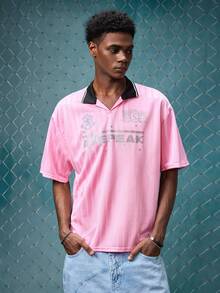 EVRINFINITE Men's Summer Fashion Letter Graphic Short Sleeve Polo Shirt, Emo, 2000s Style - Pink - View 4