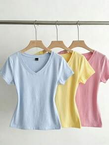 SHEIN EZwear 3件組女款夏季V領修身T恤，龐克次文化動漫純色基礎款短袖修身T恤 - 彩色 - 查看 3