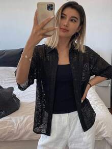 FRIFUL Women's Solid Color Lace Drop Shoulder Loose Shirt Sheer - Black - View 5