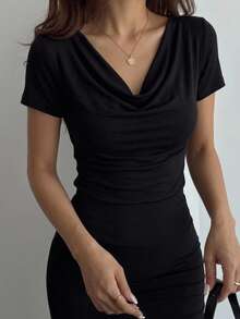DAZY Women's Casual Draped Neck White T-Shirt, Elegant For Dates, Weddings, Vacations, Slim Fit Sheer Mesh Short Sleeve Top, Spring & Summer - Black - View 1
