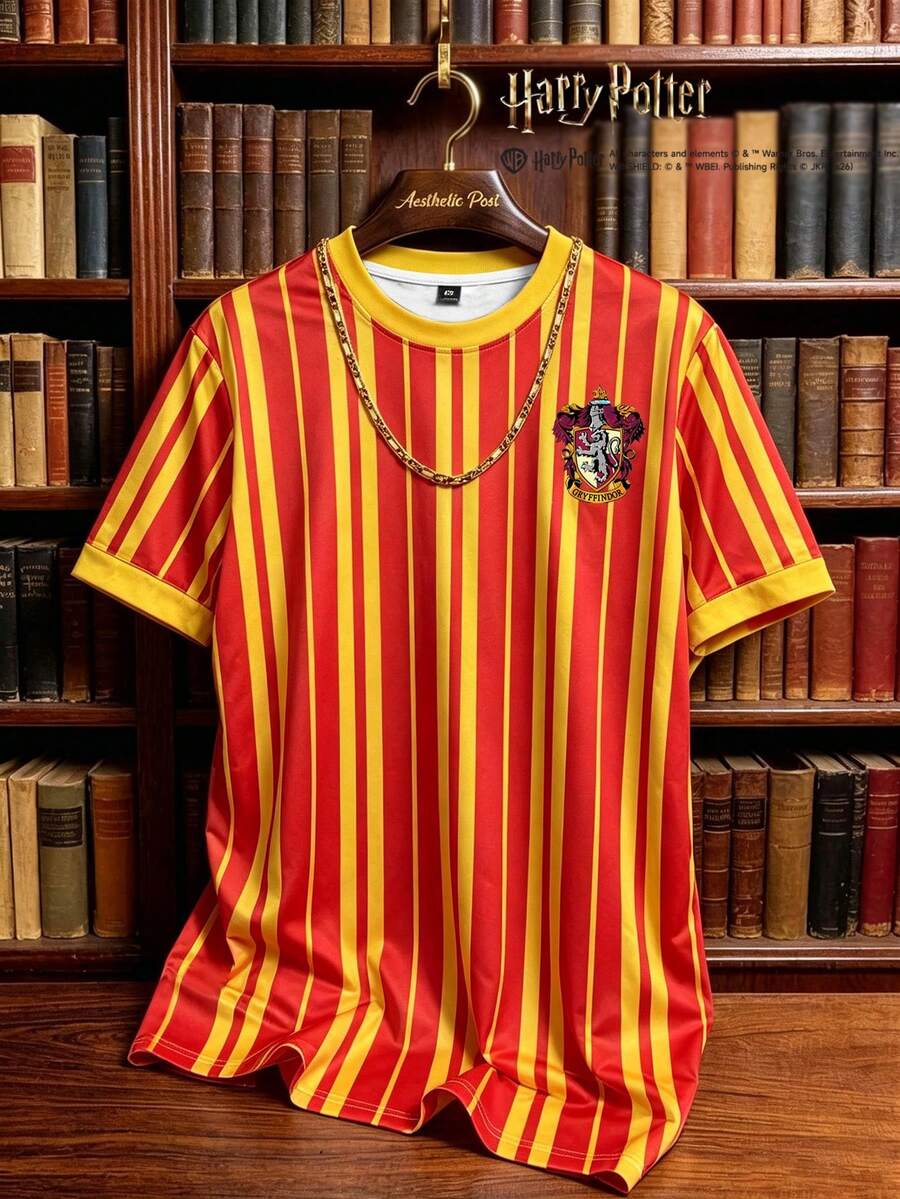 HARRY POTTER X SHEIN Aesthetic Post 男士夏季休閒條紋短袖T恤 - 彩色 - 查看 1