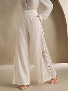 Anewsta Elegant White Wide-Leg Pants With Contrast Lace And Pleats, Suitable For Daily Wear Brunch Tea Party And Dates Autumn - Apricot - View 1