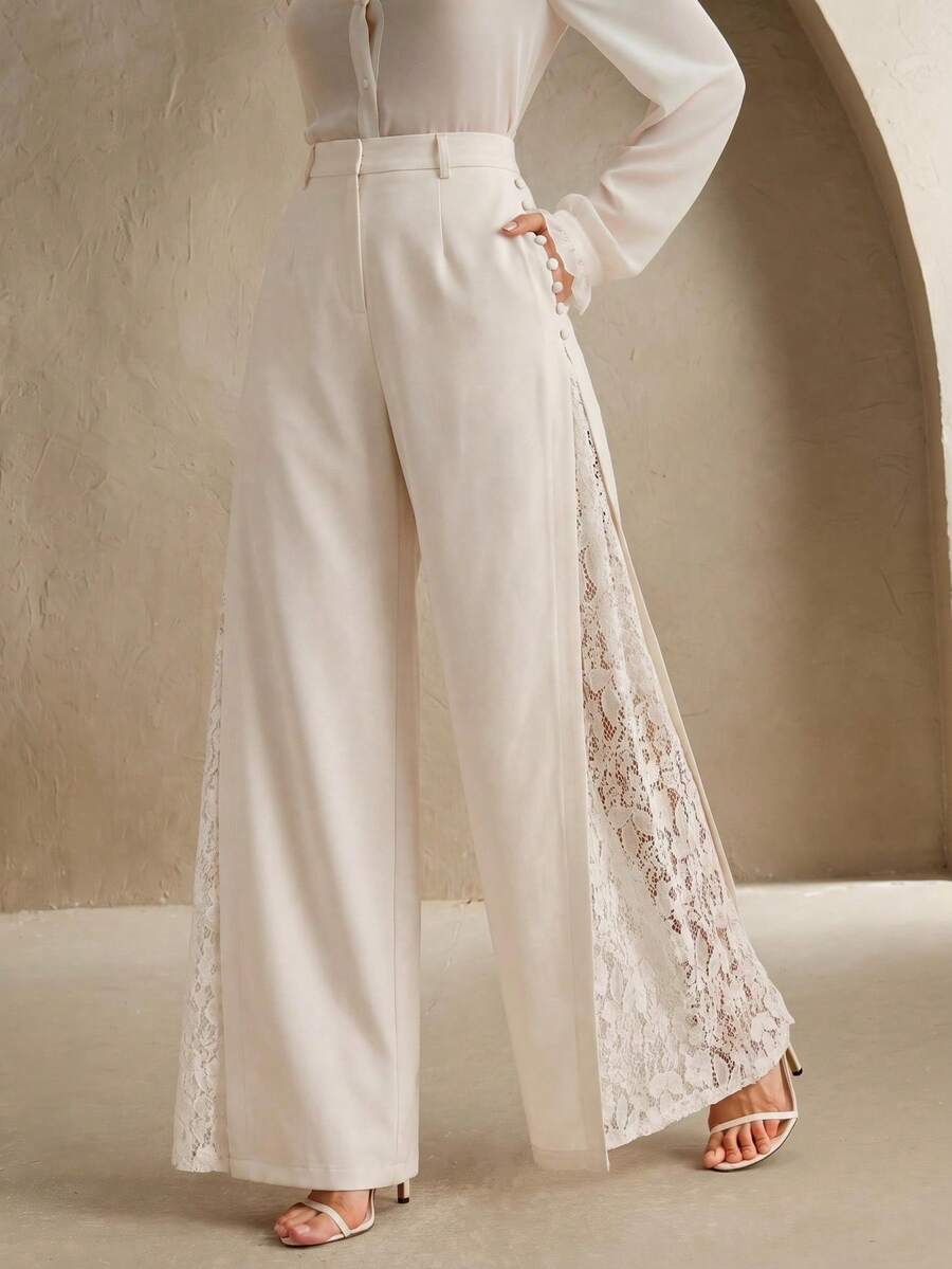 Anewsta Elegant White Wide-Leg Pants With Contrast Lace And Pleats, Suitable For Daily Wear Brunch Tea Party And Dates Autumn - Apricot - View 1