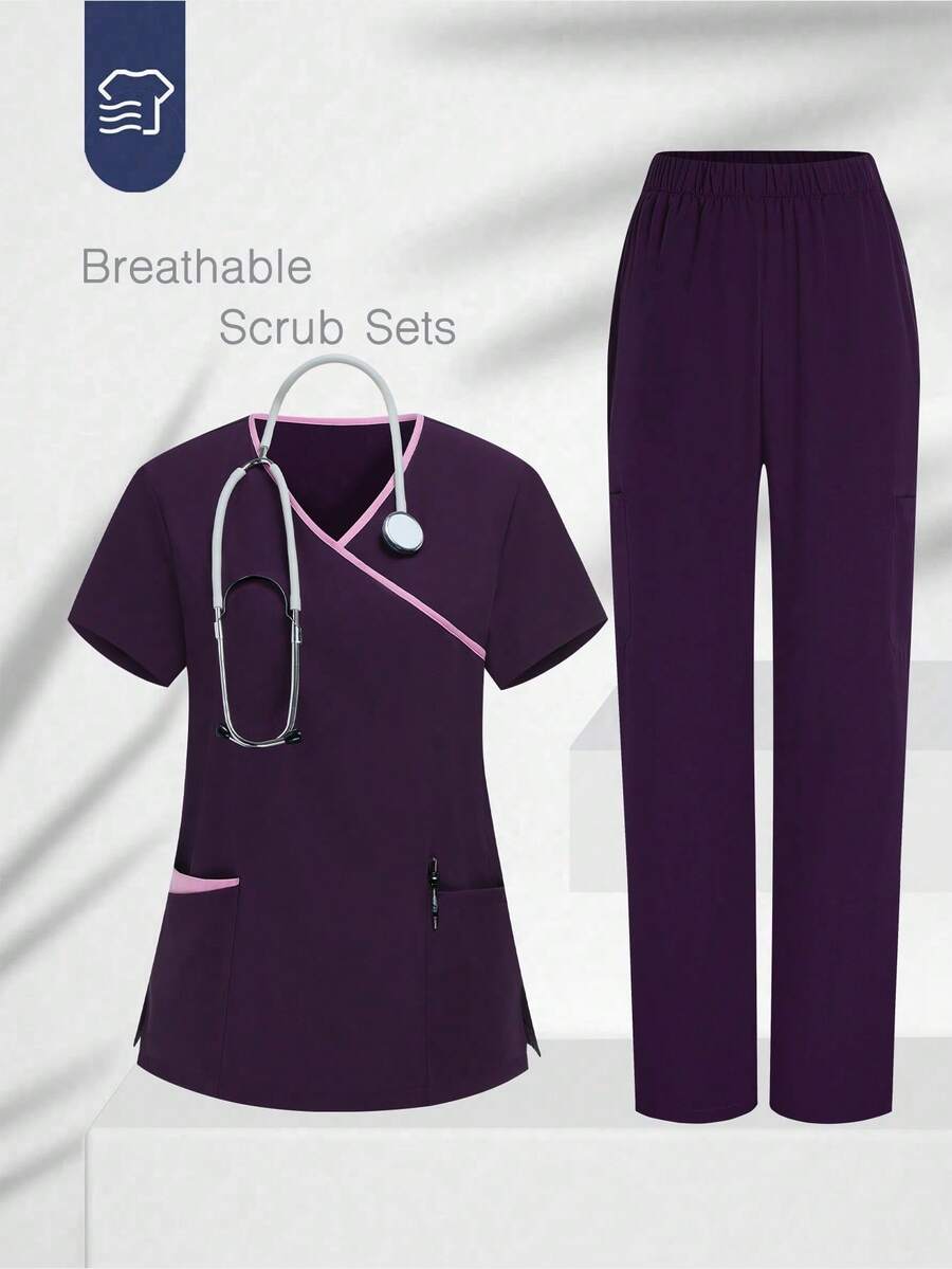 TaskEZ Solid Color Patchwork V-Neck Short Sleeve Top And Pants Scrub Uniform Set - Purple - View 1