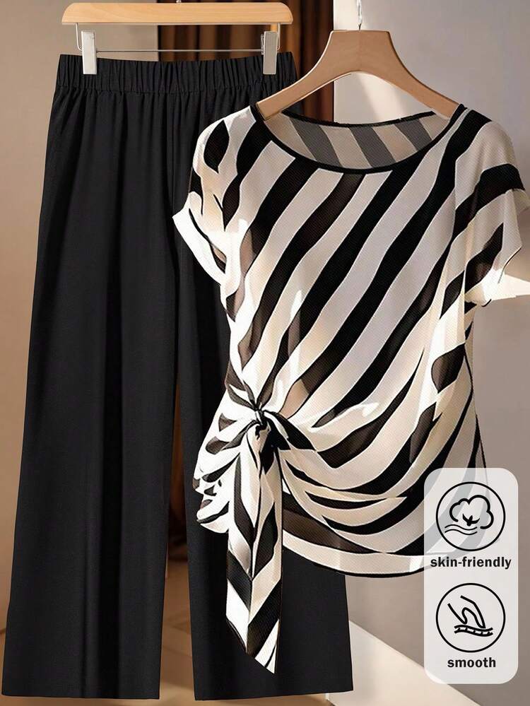 SHEIN Clasi 大尺碼女款黑白條紋蝙蝠袖側綁結上衣與長褲兩件套，秋季優雅日常穿搭，適合新娘母親與婚禮賓客 - 黑色 - 查看 5