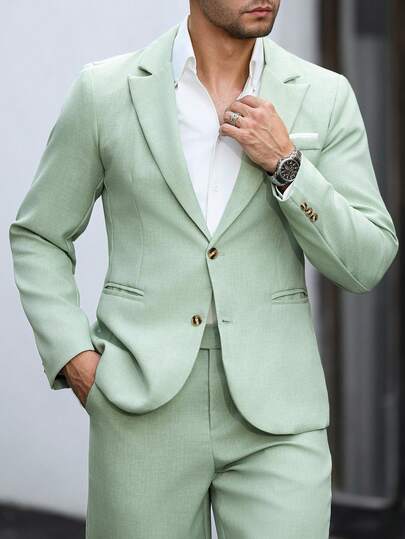 Manfinity Mode Men's Solid Color Casual Business Suit Set, Pocket Design, Suitable For Daily Commute, Relaxed Work Environment Or Semi-Formal Occasions, Also An Ideal Gift For Boyfriend And Husband