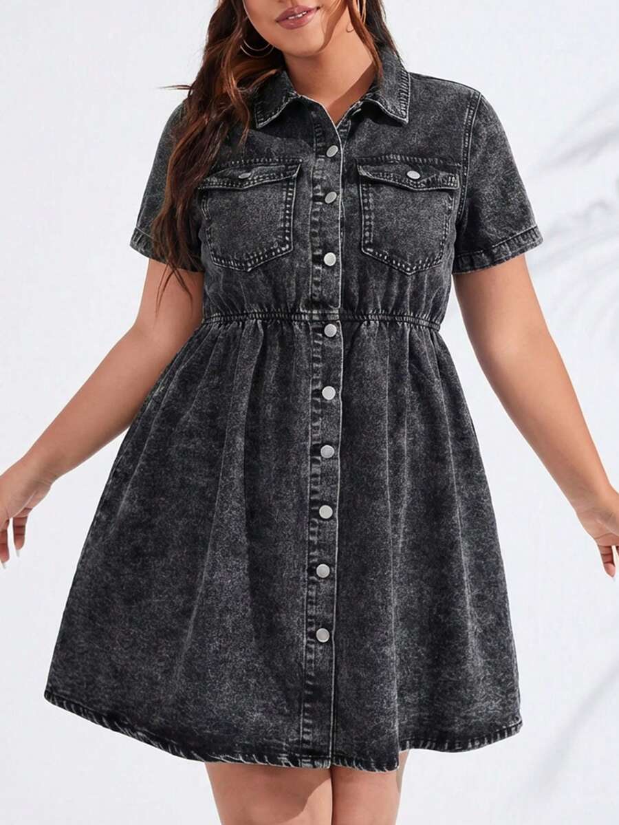 SHEIN ICON Plus Size Women's Front Button Collar Pocket Loose Hem Short Sleeve Dress, Suitable For And Outings Mother's Day Back-To-School Outfits - Black - View 1