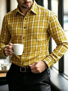 DREXORIN Men's Street Fashion Plaid Single-Breasted Long Sleeve Shirt - Yellow - View 3