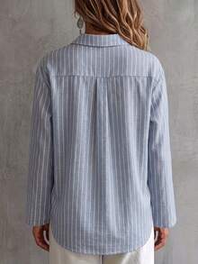 SHEIN Blusa de mujer con diseño de estampado a rayas, cuello de solapa, corte holgado, estilo bohemio casual, para oficina, brunch, viajes, vacaciones, regreso a clases, Día del Maestro, otoño - Azul - Ver 2