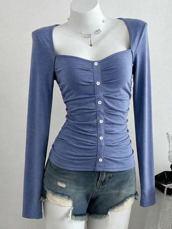 SHEIN Unity Women's Standard Size Early Autumn Square Neck Slim Fit T-Shirt, Faux Denim Pleated Faux Button Blue Slimming Elegant Base Layer
