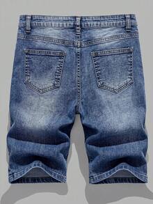 SHEIN Teen Boy Casual Daily Denim Shorts With Pocket, Button And Distressed Design - Dark Wash - View 2