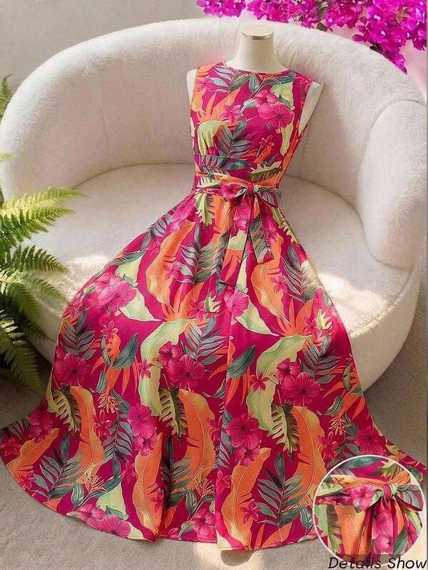 SHEIN Clasi Plus Size Tropical Plant Print Round Neck Fashion Vacation Dress
