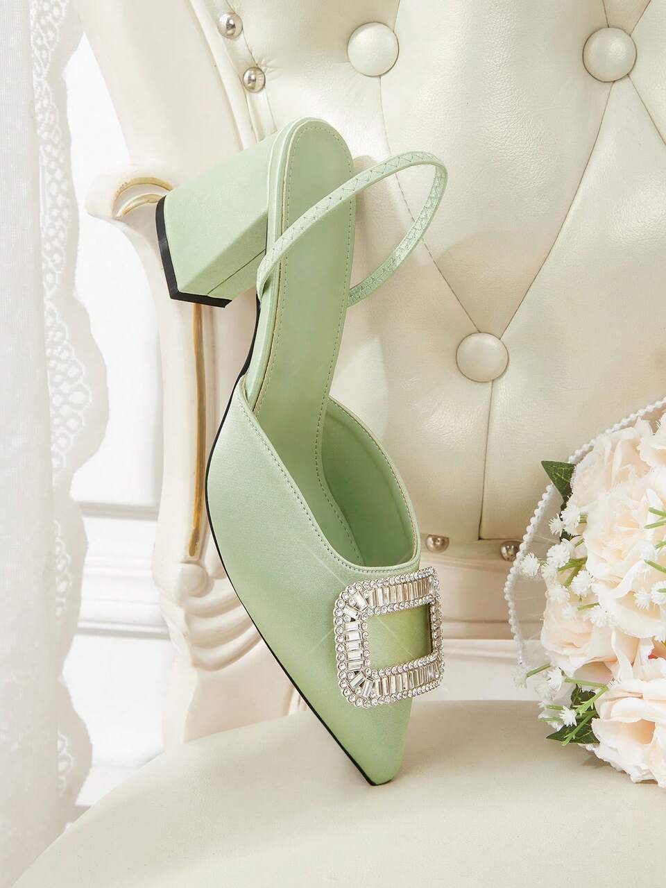 CUCCOO HITCHD Women's Rhinestone Square Buckle Chunky Heel Pointed Toe Elegant Light Green Satin High Heel Slingback Pumps For Date And Afternoon Tea Fall Shoes
