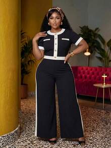 Veslaya Spring Summer Women's Plus Size New Classy Feminine Style Tummy Control Elegant Black And White Patchwork Short Sleeve Top Pants Set Teachers' Day - Black and White - View 6