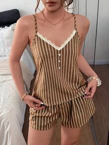 Napfluff Lace Trim Color Block Striped Camisole Pajama Set - Coffee Brown - View 3
