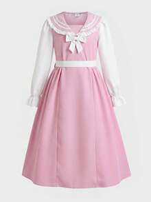 Tween Girl Colorblock Bow Decor Patchwork Ruffle Hem Long Sleeve Preppy Dress School Pinafore - Pink - View 3
