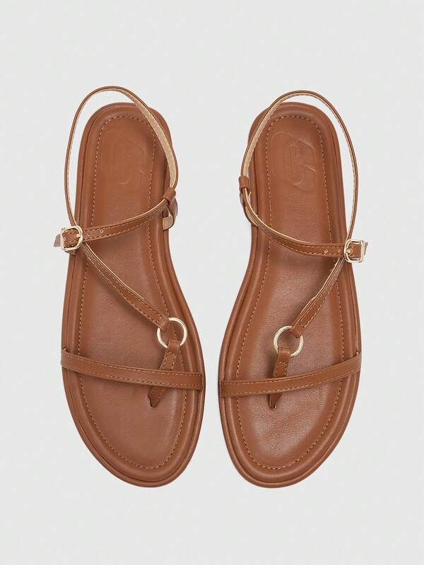 CUCCOO BIZCHIC Mezzanine Sandals Women, Casual Vacation Fashion Design Sense Word With Mezzanine Toe Roman Sandals Metal Buckle Comfortable Flat Solid Color Sandals