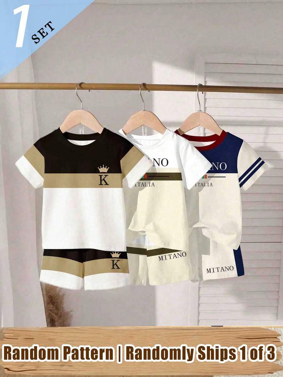 SHEIN 1 zufälliges Set Sommer-Baby-Jungen-Set mit einfachem Buchstaben-K-Kronen-Streifen-Muster, italienischem Splicing-Muster, Basic Kurzarm-T-Shirt und Shorts - Verschiedenfarbig - Übersicht 1