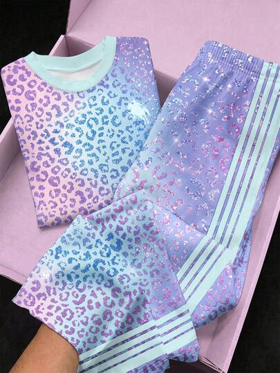 Tween Girls 2-Piece Outfit Set, Solid White Ruched Short Sleeve Crew Neck T-Shirt + Tropical Green Leaf Print Wide Leg Pants, Casual Loose Fit Summer